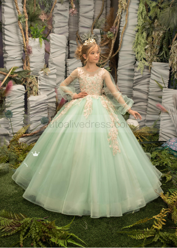 Mint Lace Tulle Keyhole Back Flower Girl Dress